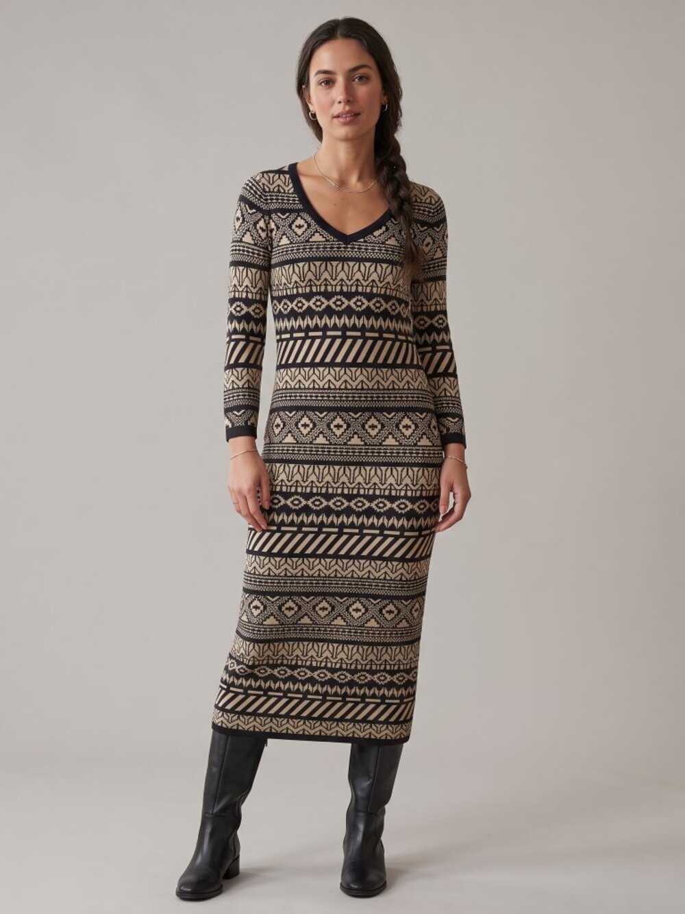 Flying Tomato Aztec Geometric Knit Sweater Dress Black Cream V-Neck Midi Large